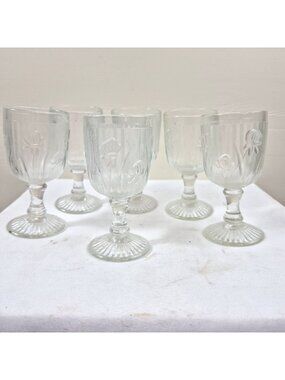 Jeanette Iris & Herringbone Glass Goblets Set Of 6 Vintage Etched Floral Clear